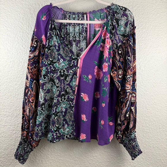 Free People Gemini Purple Floral Pieced Patchwork Button Blouse - Picture 1 of 9